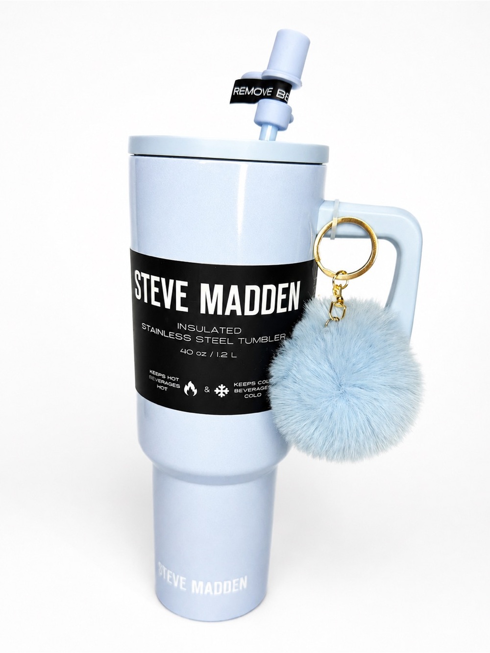 Steve Madden Powder Blue Insulated Travel Tumbler with Pom Keyring